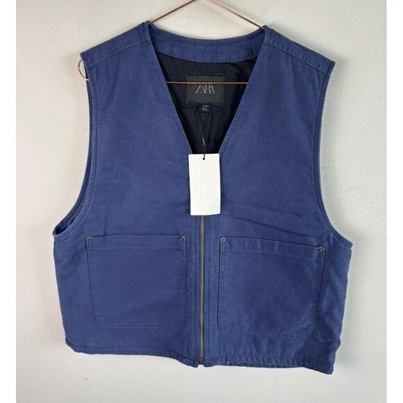 ZARA Mens Blue Denim Vest Relaxed Fit Waistcoat Cotton Zip Pockets Size M - Picture 4 of 13